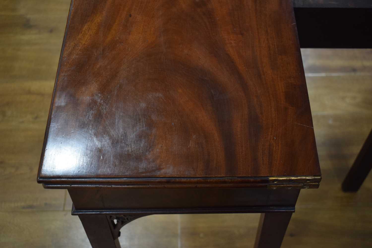 A George III mahogany tea table, the rectangular canted folding surface on square straight legs with - Image 13 of 16