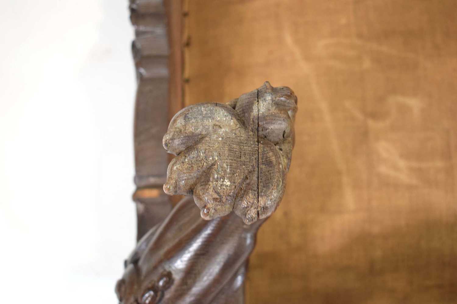 A late 19th century Irish carved oak stool of square form, the seat upholstered with floral - Image 8 of 9