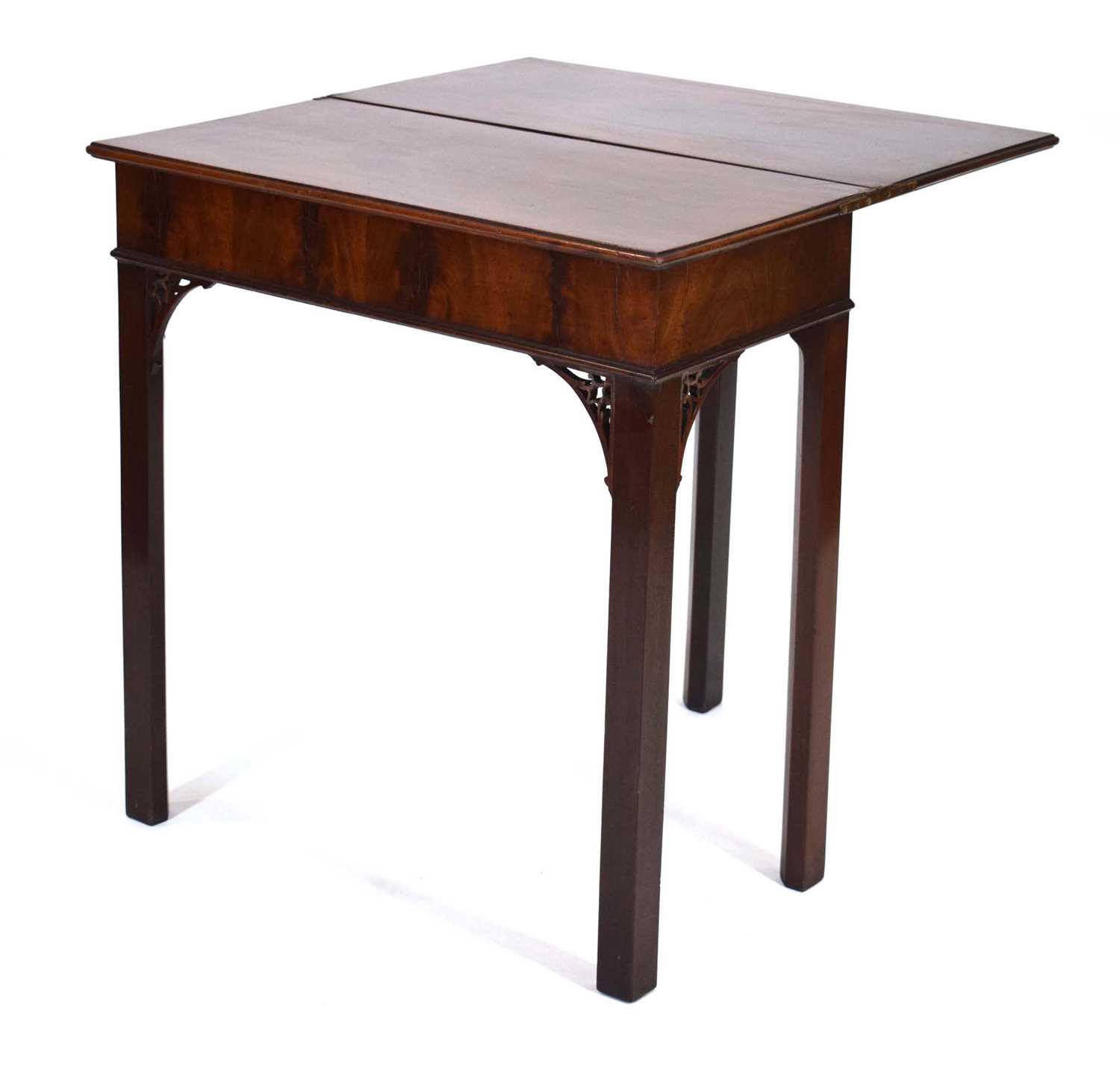 A George III mahogany tea table, the rectangular canted folding surface on square straight legs with - Image 3 of 16