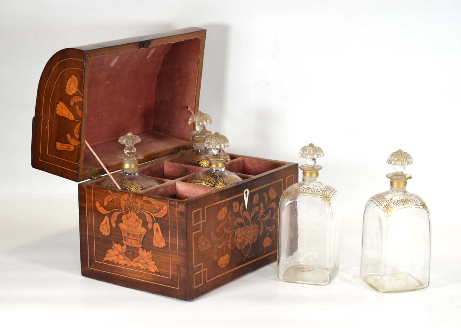 A 19th century French 'six-bottle' tantalus or liqueur cabinet, the marquetry and strung case with a - Image 6 of 6