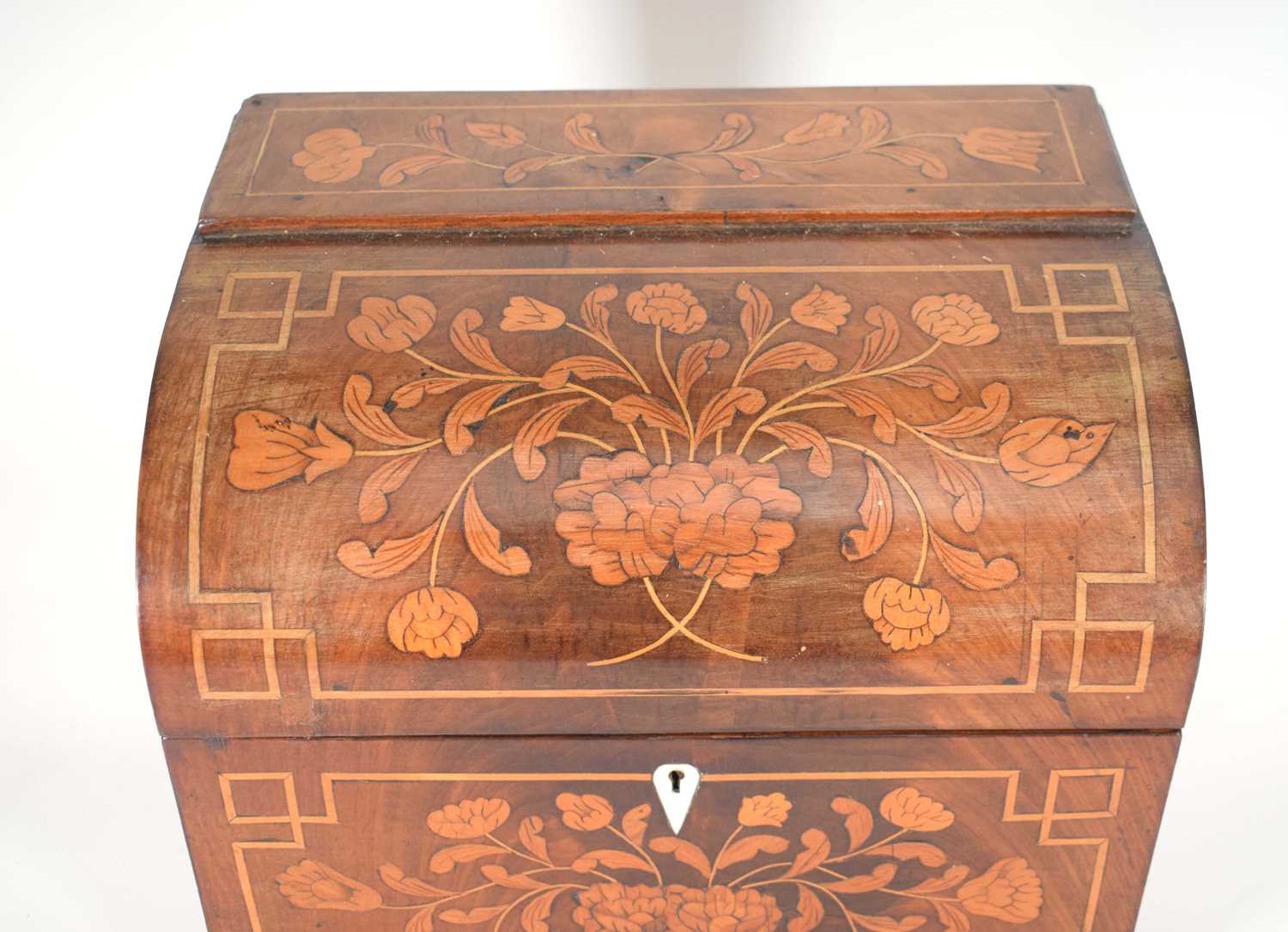 A 19th century French 'six-bottle' tantalus or liqueur cabinet, the marquetry and strung case with a - Image 5 of 6