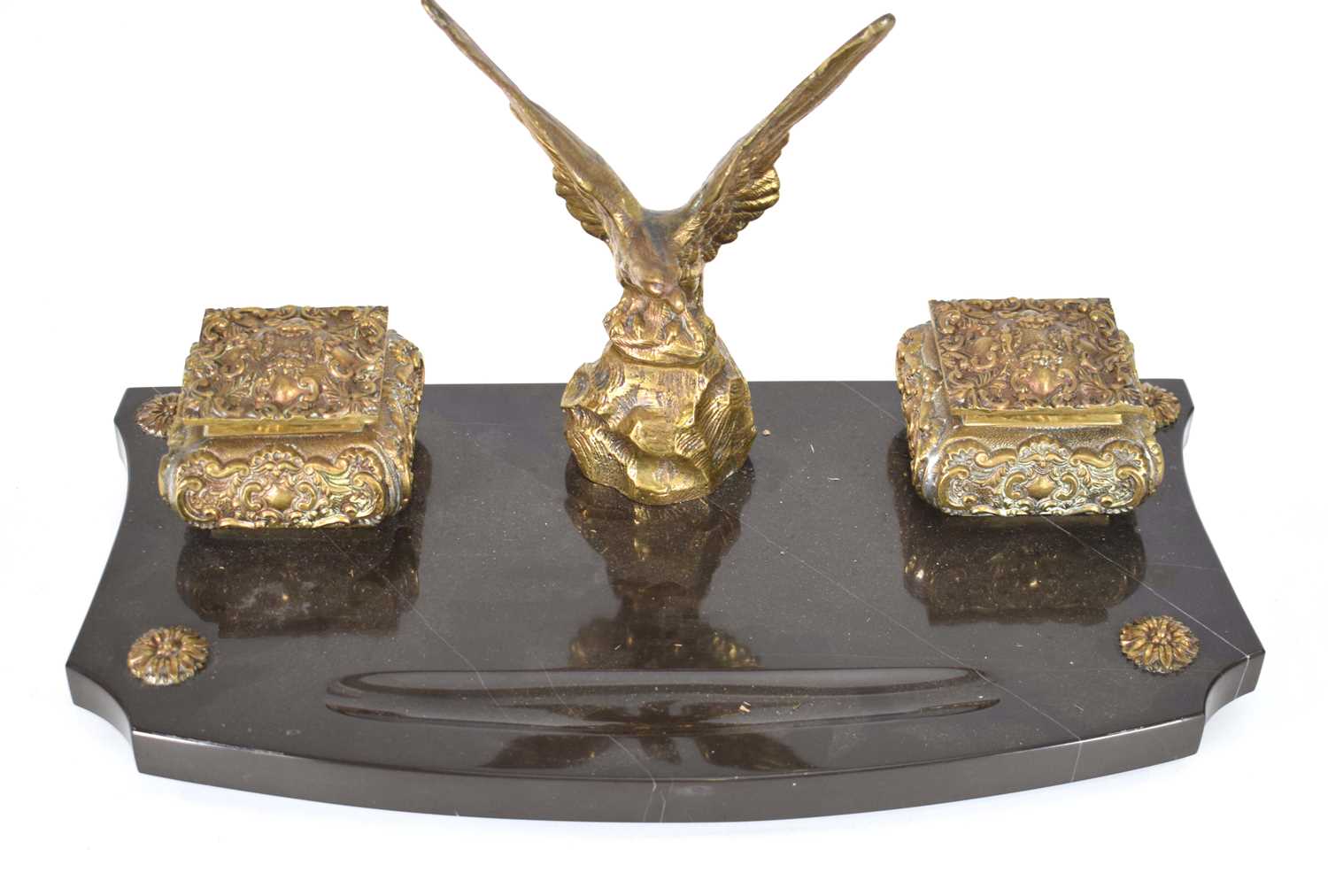 An early 20th century desk stand in the French Empire manner, the marble surface mounted by a - Image 2 of 4