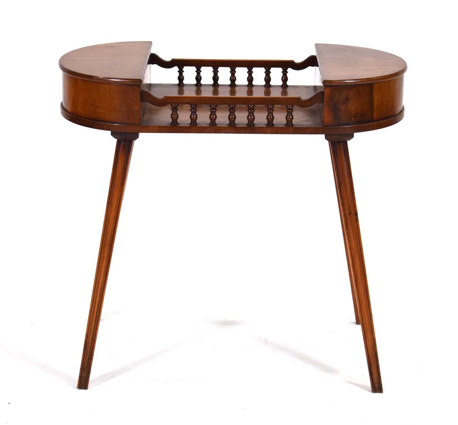 A late 20th century ladies work table in yew, the pair of D-end lifting lids joined by a galleried - Image 2 of 3