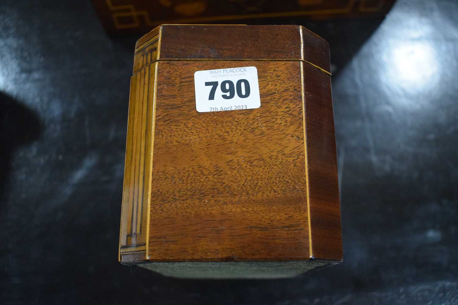 A George III mahogany and strung tea caddy inlaid with a Classical Paetera shell, the interior - Image 6 of 11