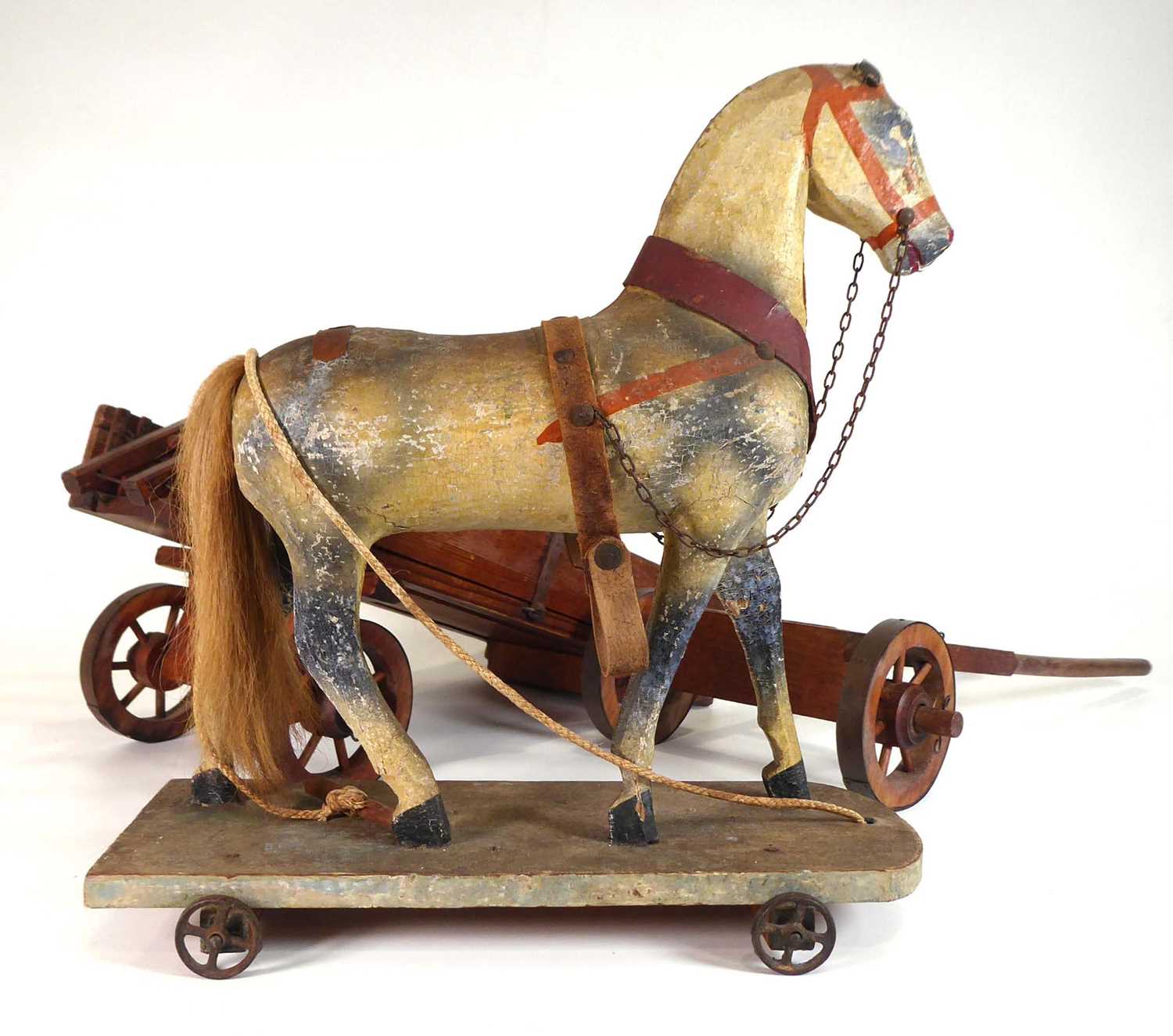 A late 19th/early 20th century painted pine pull along horse, l. 31 cm and an associated cart (2) - Image 2 of 8