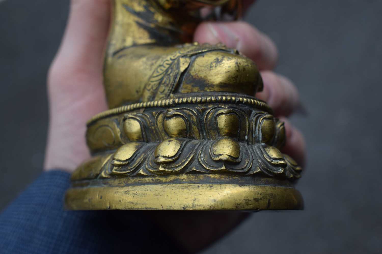 A 19th century Tibetan gilt bronze figure modelled as Tsongkhapa, h. 18 cmSome tarnishing. Base - Image 13 of 28