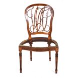 A late 19th century satinwood and marquetry single chair, the fretwork back over a shaped seat on