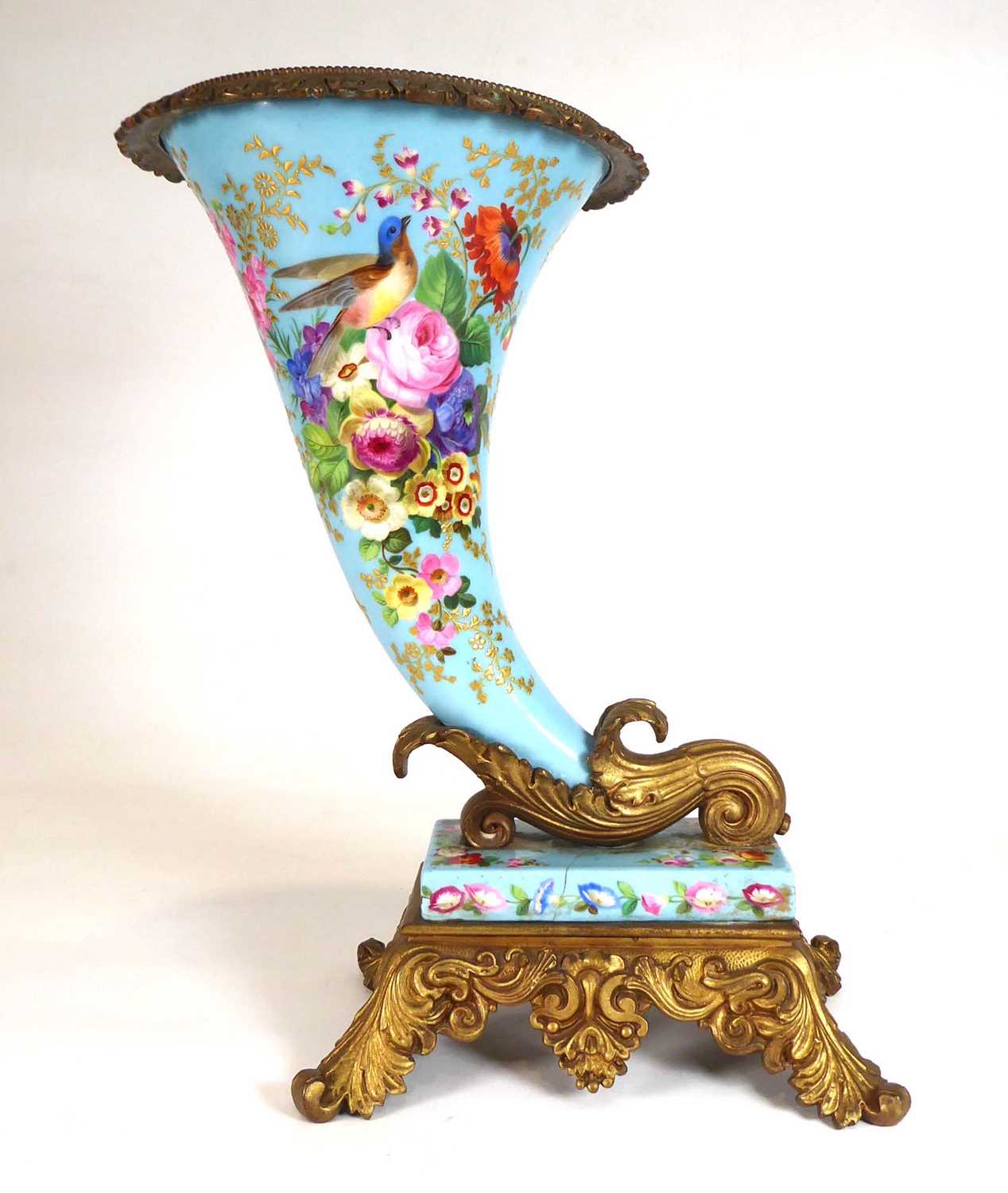 A late 19th/early 20th century gilt metal mounted cornucopia vase decorated with floral sprays and - Image 3 of 7