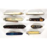 A group of eight pocket knives including mother-of-pearl, faux tortoiseshell and other examples (8)