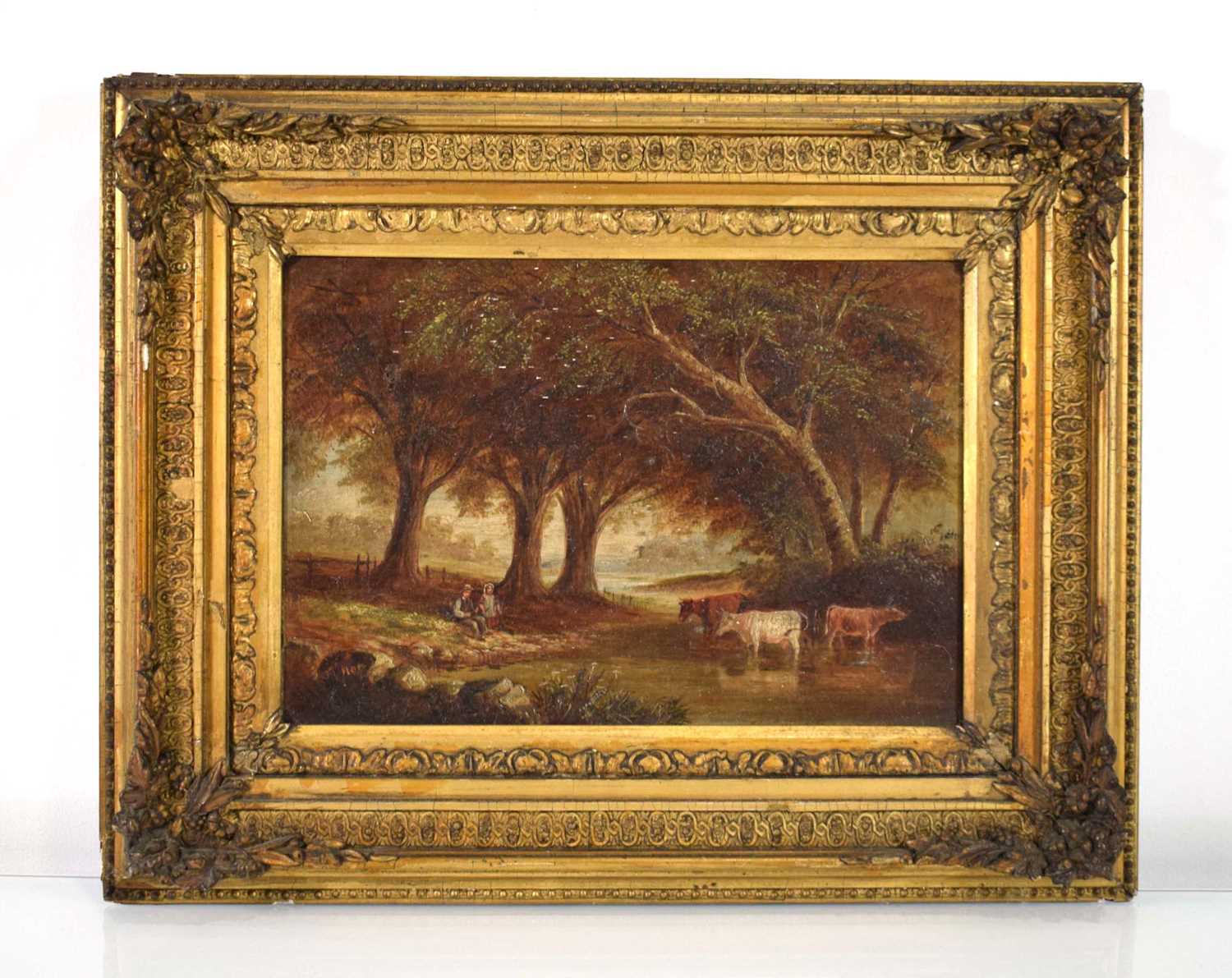 English School, 19th century,Cattle at a drinking hole,indistinctly signed,oil on canvas,22 x 32