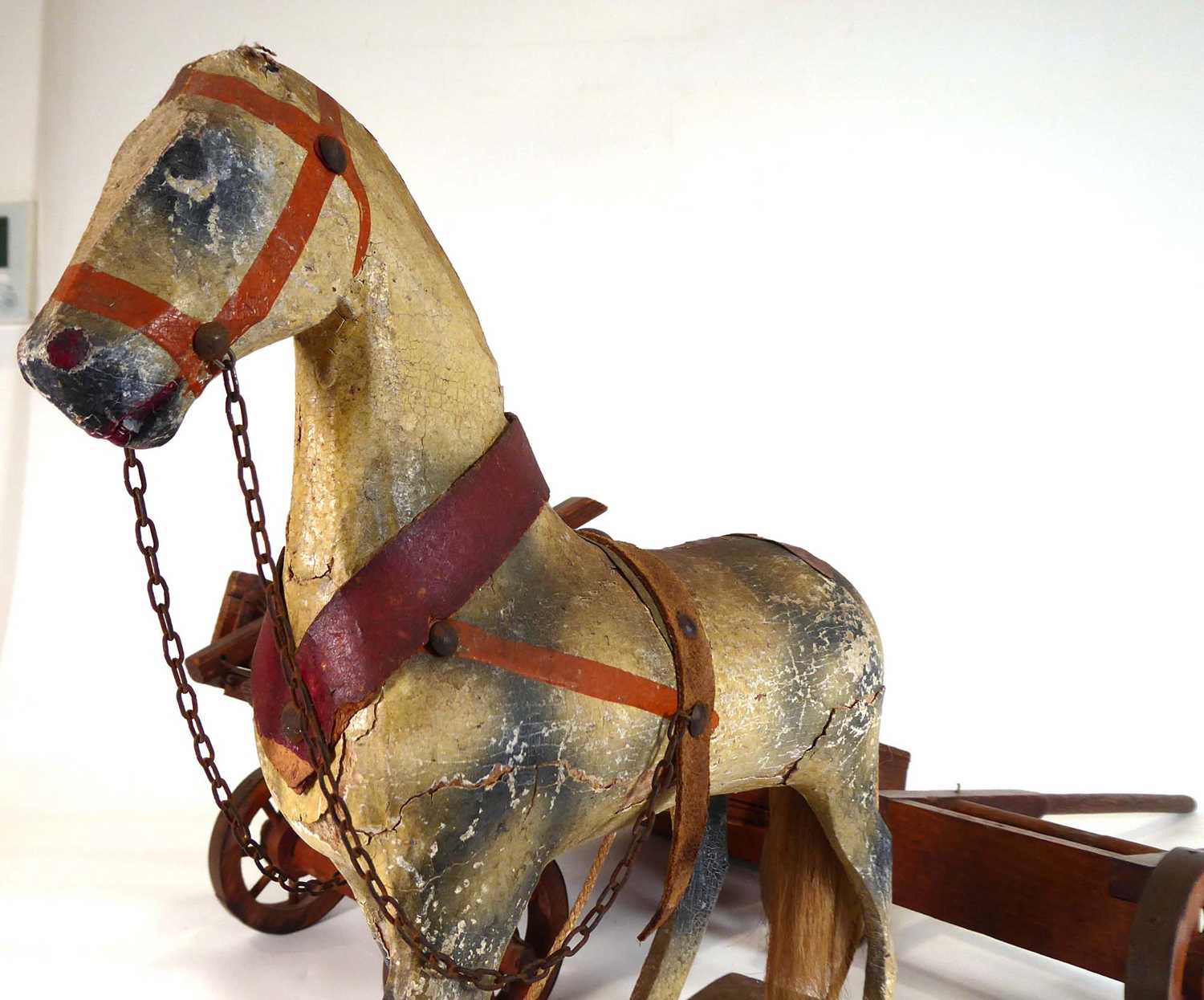 A late 19th/early 20th century painted pine pull along horse, l. 31 cm and an associated cart (2) - Image 6 of 8