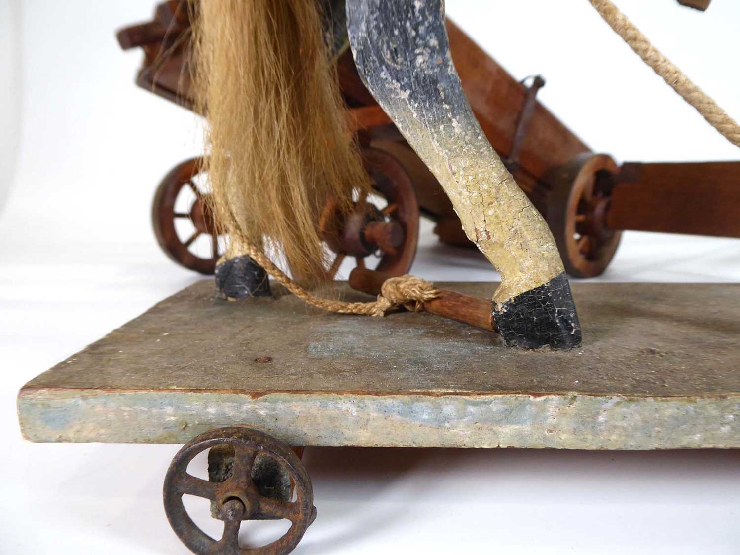 A late 19th/early 20th century painted pine pull along horse, l. 31 cm and an associated cart (2) - Image 4 of 8