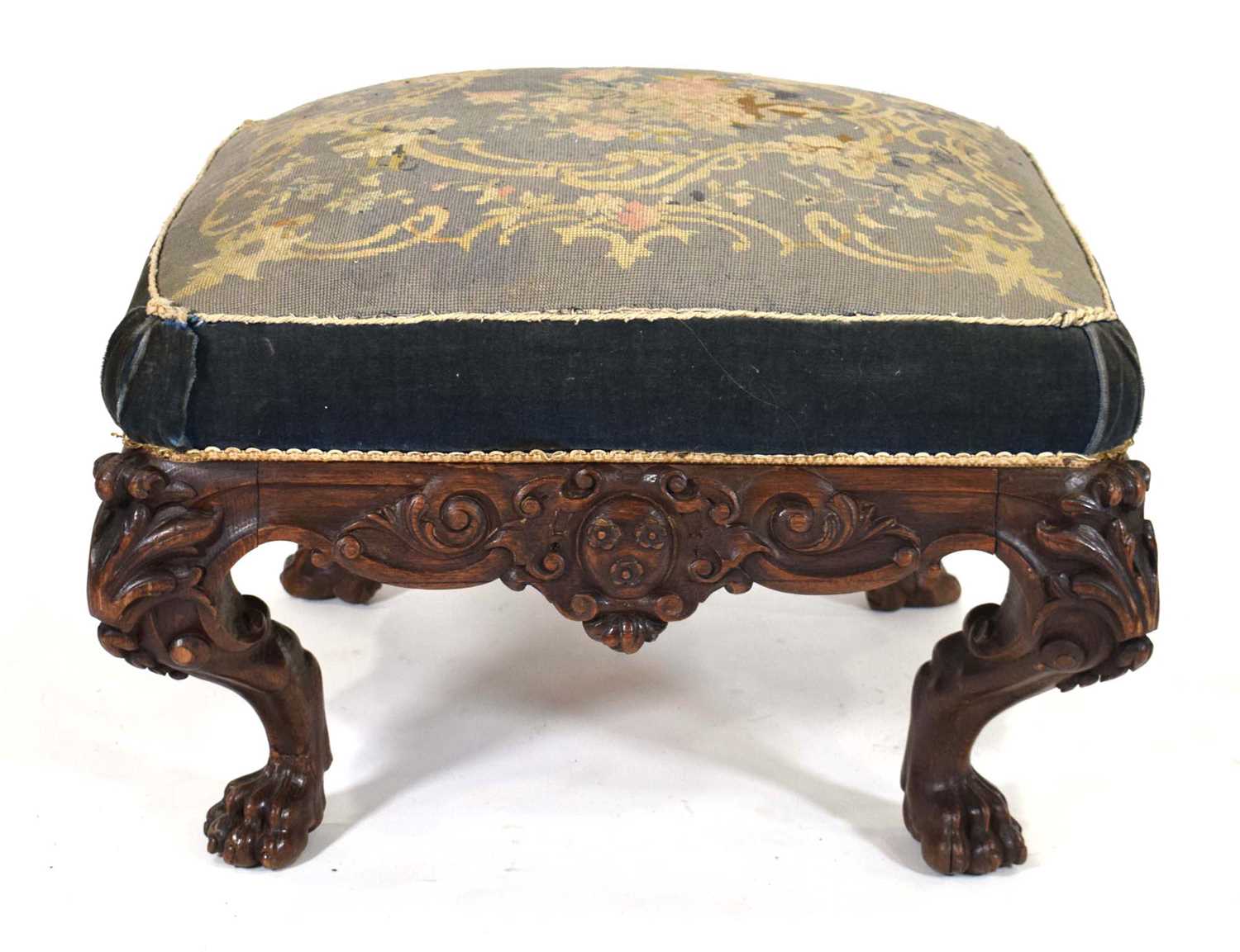 A late 19th century Irish carved oak stool of square form, the seat upholstered with floral - Image 2 of 9