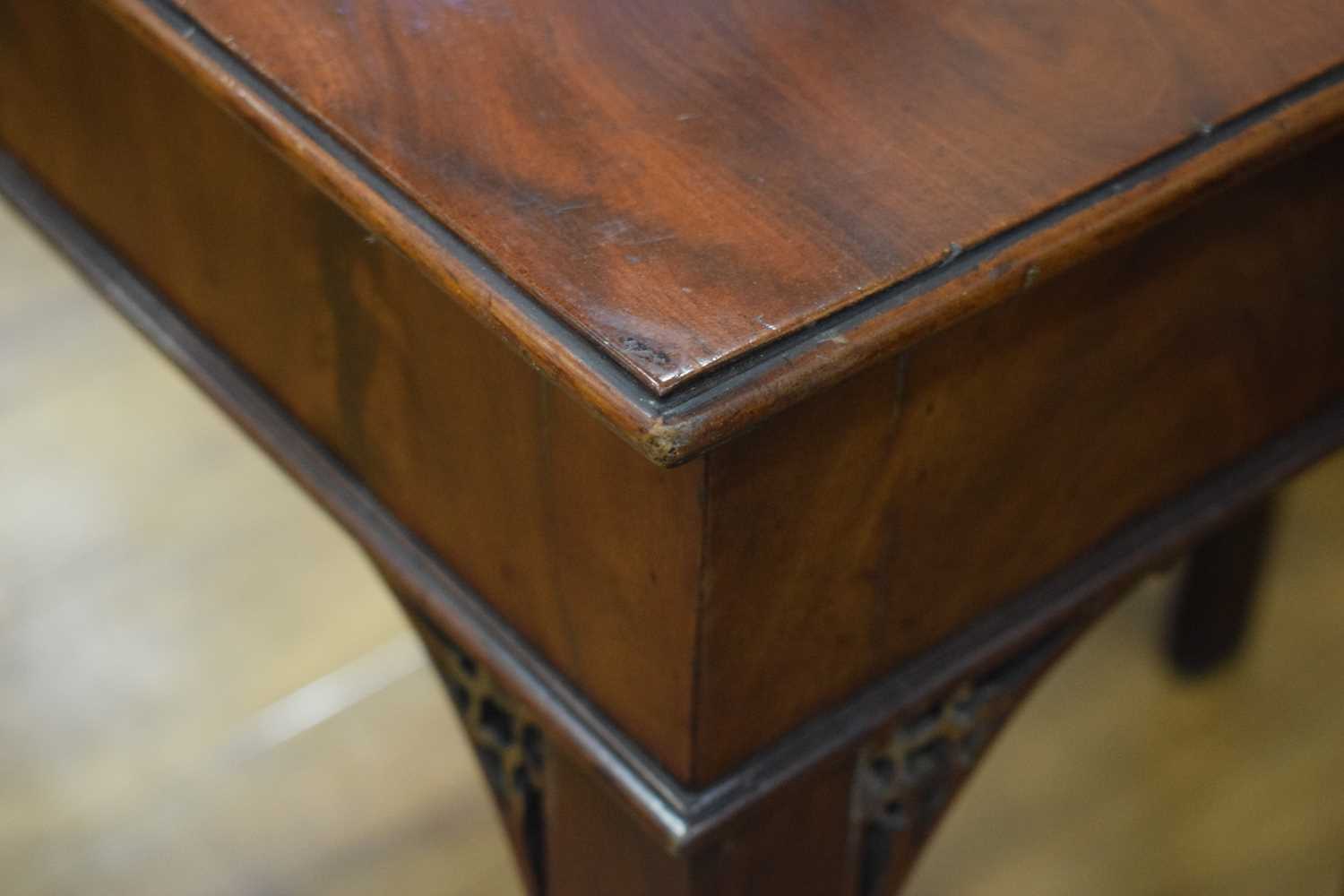 A George III mahogany tea table, the rectangular canted folding surface on square straight legs with - Image 6 of 16