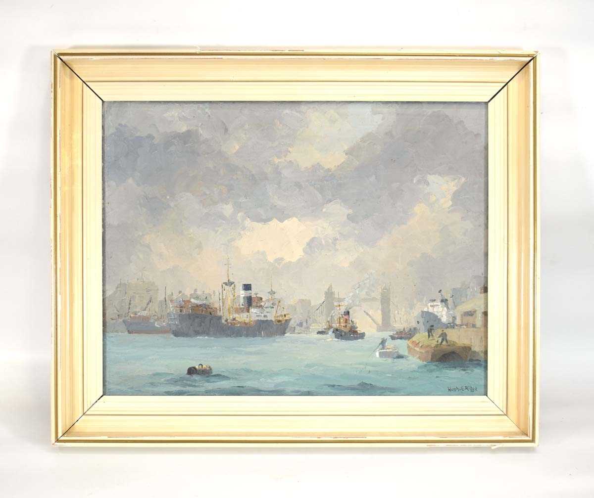Hugh E.. Ridge (1899-1976), Shipping in the Thames, signed, oil on canvas, image 34 x 45 cm