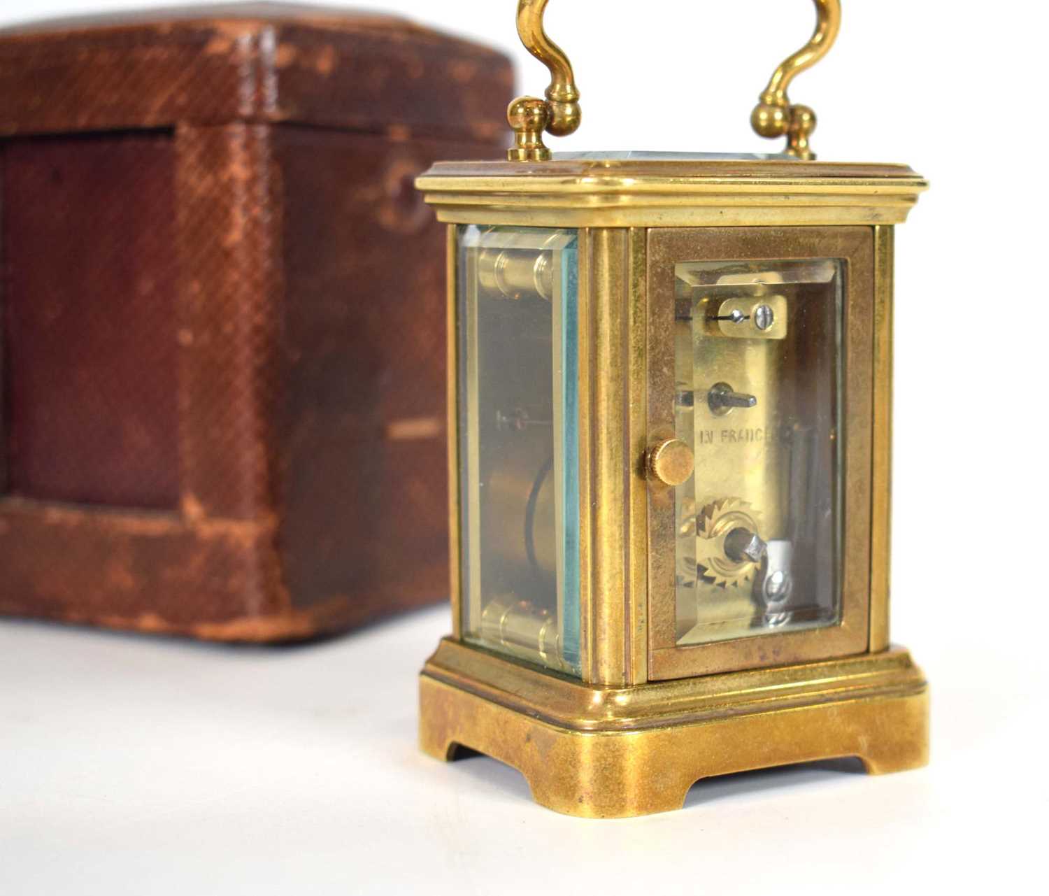 A late 19th century French miniature carriage timepiece in a brass and five-glass case, h. 7 cm, - Image 2 of 7