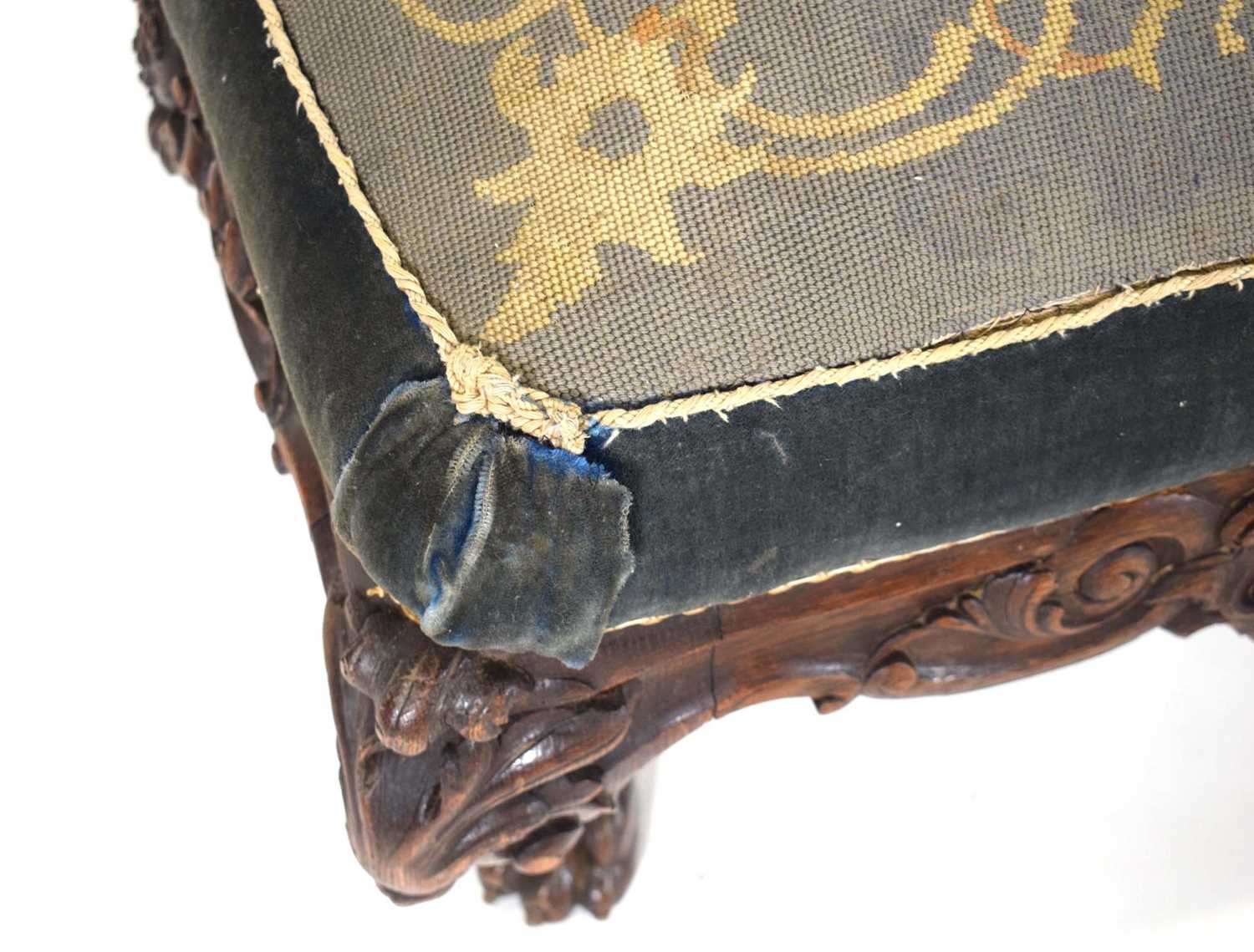 A late 19th century Irish carved oak stool of square form, the seat upholstered with floral - Image 3 of 9