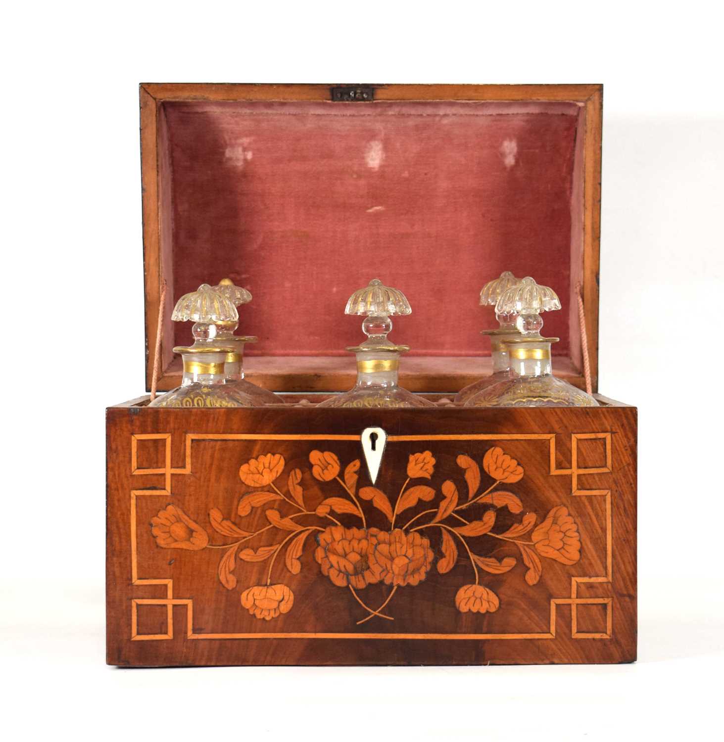 A 19th century French 'six-bottle' tantalus or liqueur cabinet, the marquetry and strung case with a - Image 3 of 6