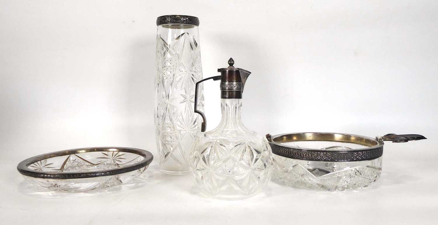 A small Polish silver mounted cut glass oil bottle, h. 14 cm, a similar vase and two dishes (4) (