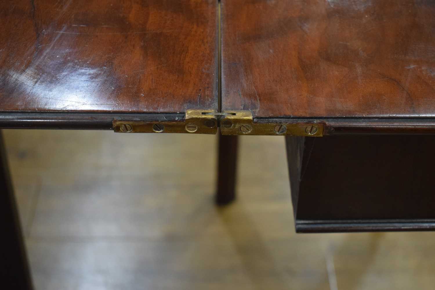 A George III mahogany tea table, the rectangular canted folding surface on square straight legs with - Image 12 of 16