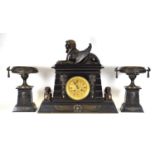 A Victorian 'Egyptian Revival' mantle clock and garnitures, the slate and marble body surmounted and