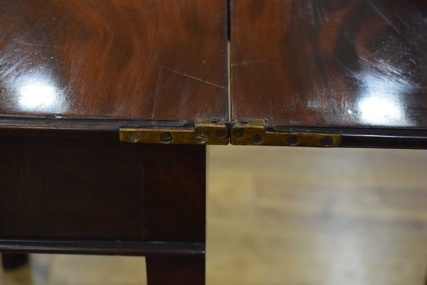 A George III mahogany tea table, the rectangular canted folding surface on square straight legs with - Image 5 of 16