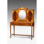 A George III Irish flame mahogany, satinwood and crossbanded dressing table, the superstructure with
