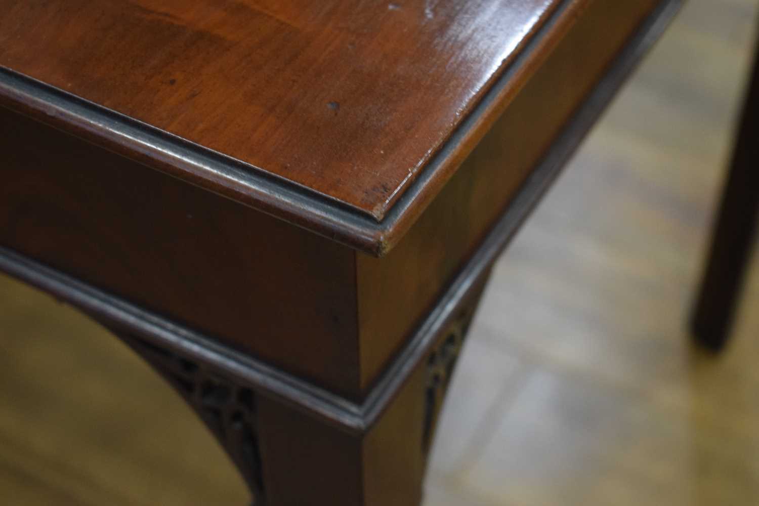 A George III mahogany tea table, the rectangular canted folding surface on square straight legs with - Image 9 of 16