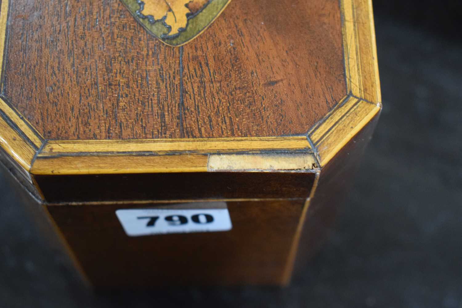A George III mahogany and strung tea caddy inlaid with a Classical Paetera shell, the interior - Image 4 of 11