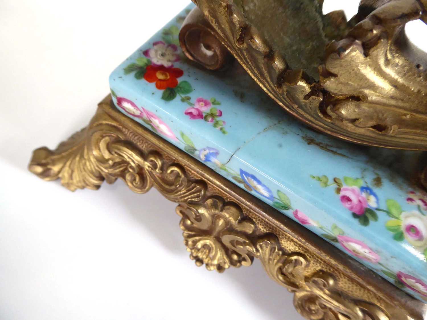 A late 19th/early 20th century gilt metal mounted cornucopia vase decorated with floral sprays and - Image 6 of 7
