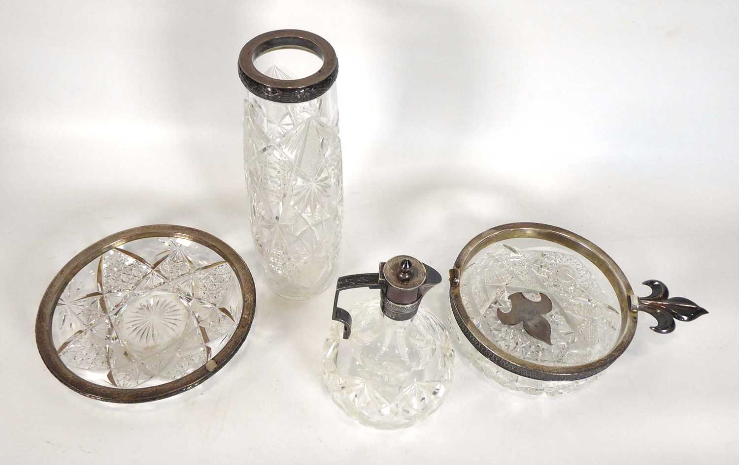 A small Polish silver mounted cut glass oil bottle, h. 14 cm, a similar vase and two dishes (4) ( - Image 2 of 2