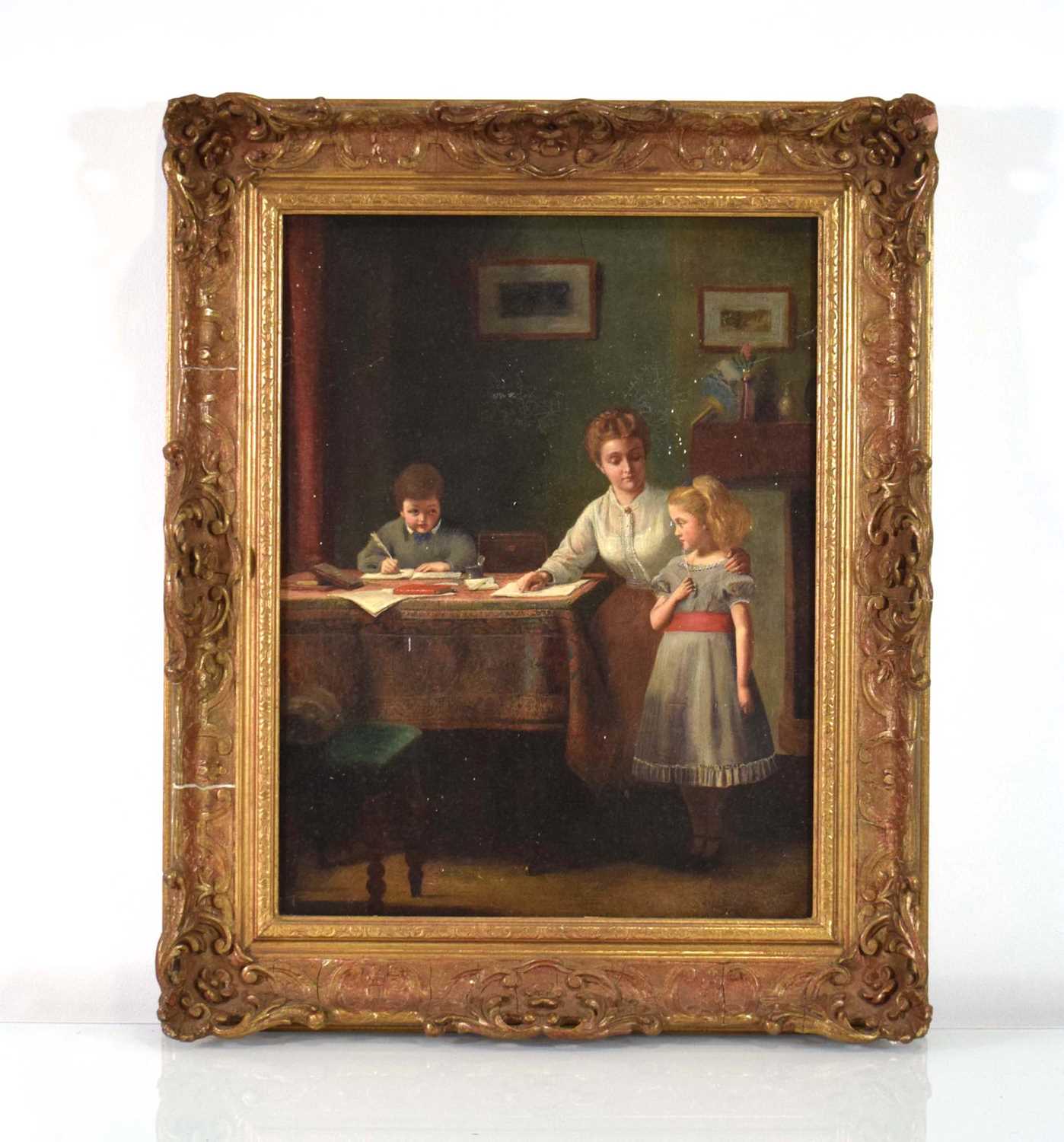 English School (late 19th/early 20th century),A study of a mother teaching her children,unsigned,oil