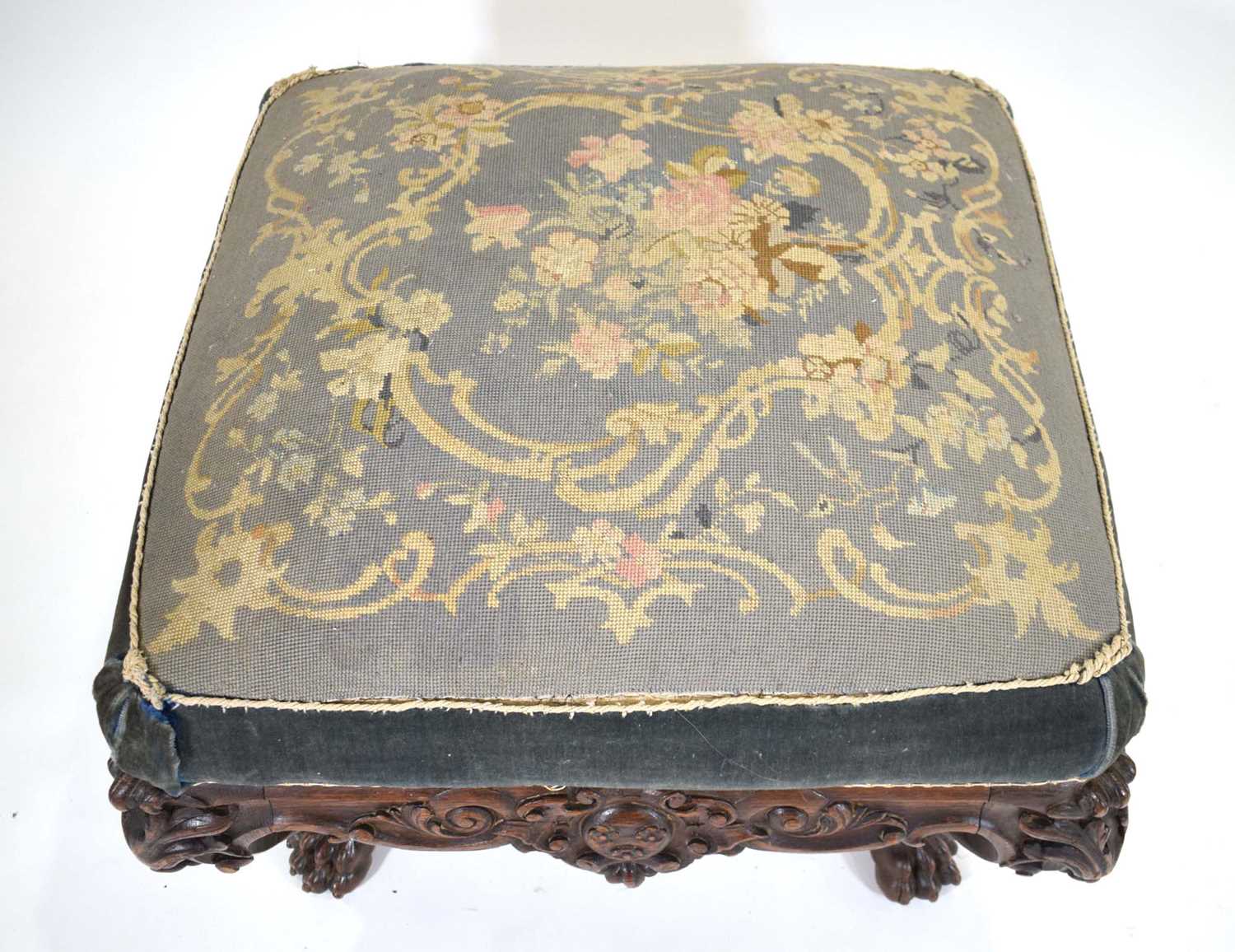 A late 19th century Irish carved oak stool of square form, the seat upholstered with floral - Image 4 of 9