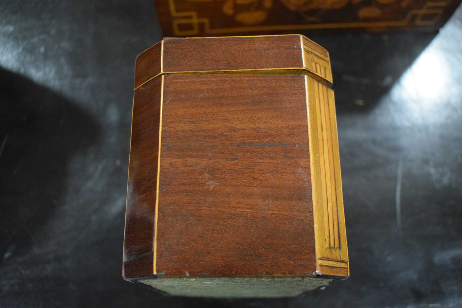 A George III mahogany and strung tea caddy inlaid with a Classical Paetera shell, the interior - Image 8 of 11