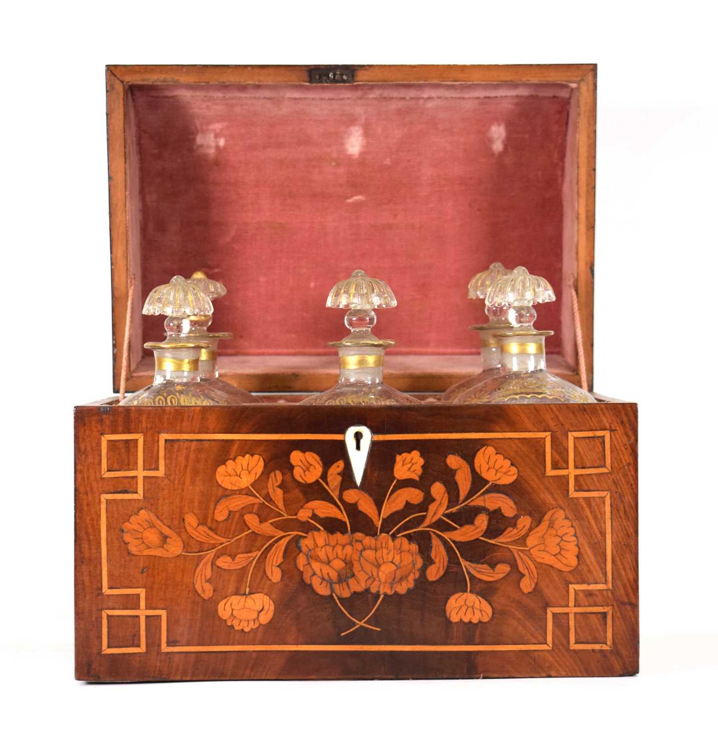 A 19th century French 'six-bottle' tantalus or liqueur cabinet, the marquetry and strung case with a - Image 2 of 6