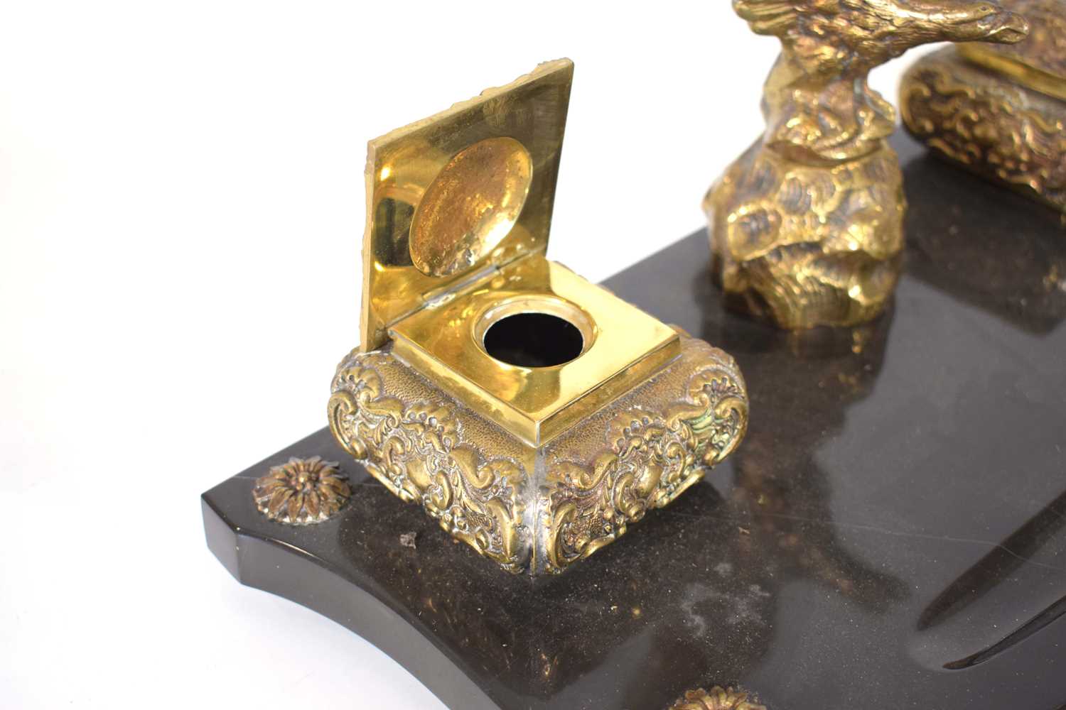 An early 20th century desk stand in the French Empire manner, the marble surface mounted by a - Image 3 of 4