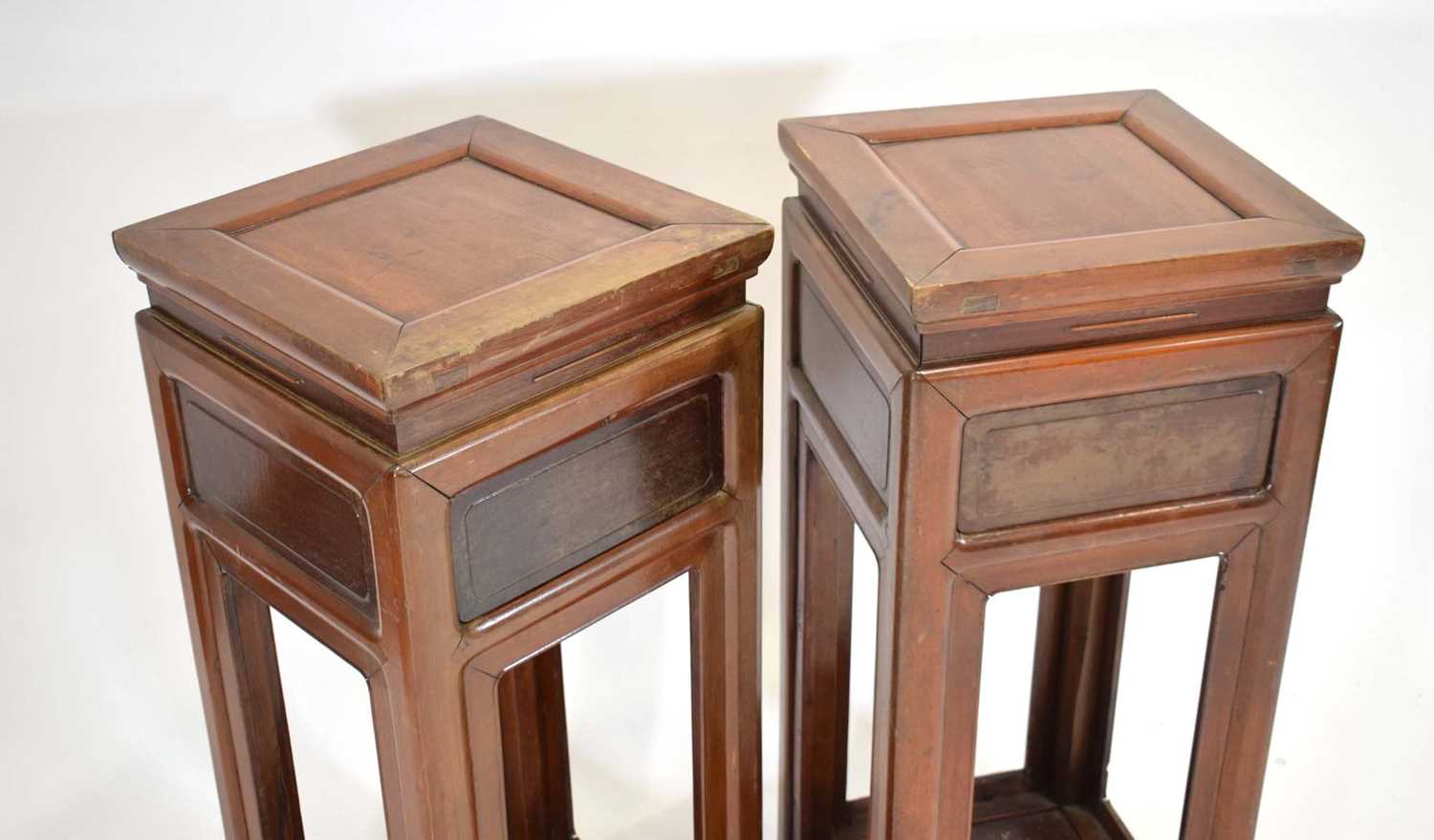 A pair of 20th century Chinese lamp tables or night stands, each with a single drawer over a - Image 2 of 14