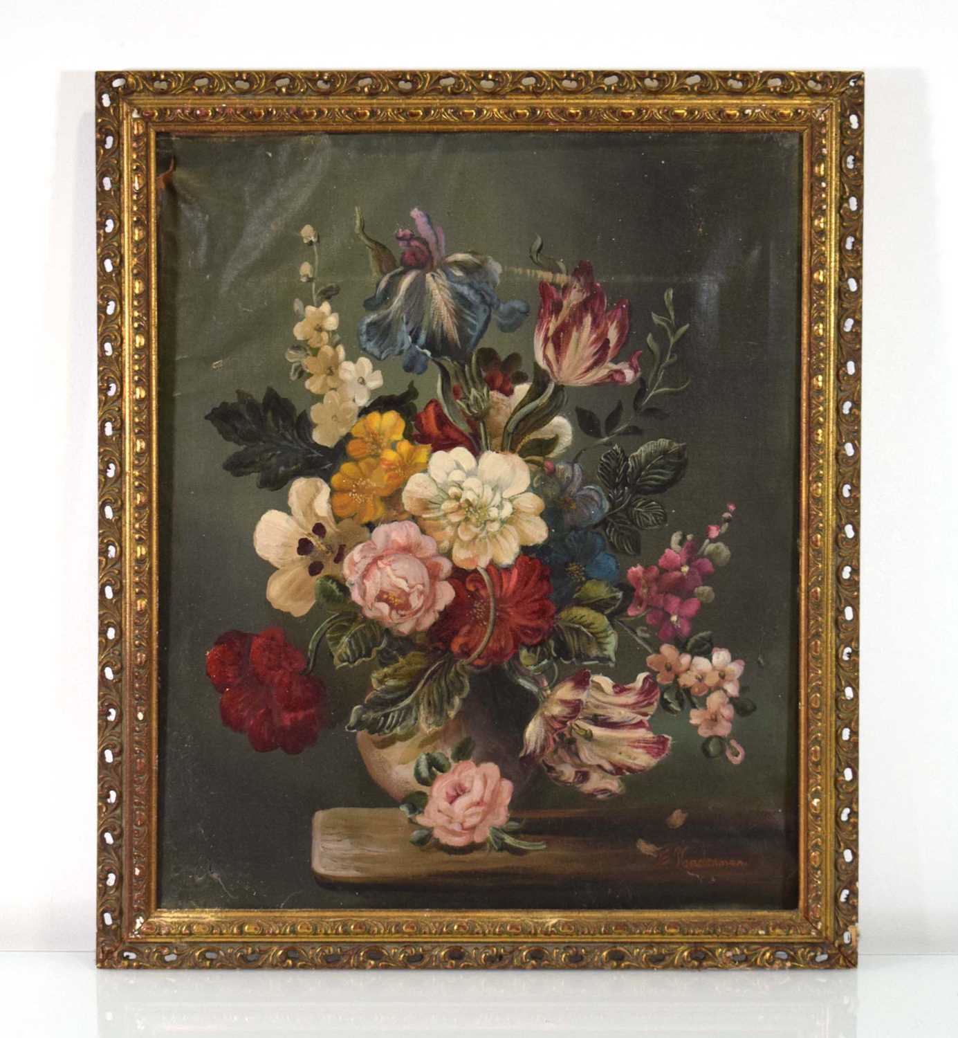 E.. Vandenman,Still life, vase of flowers,signed,oil on canvas,60.5 x 50.5cmLoose from frame. In