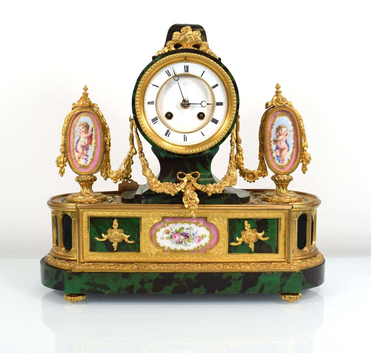 A late 19th century mantel clock, the movement striking on a bell, the circular enamelled dial - Image 2 of 2