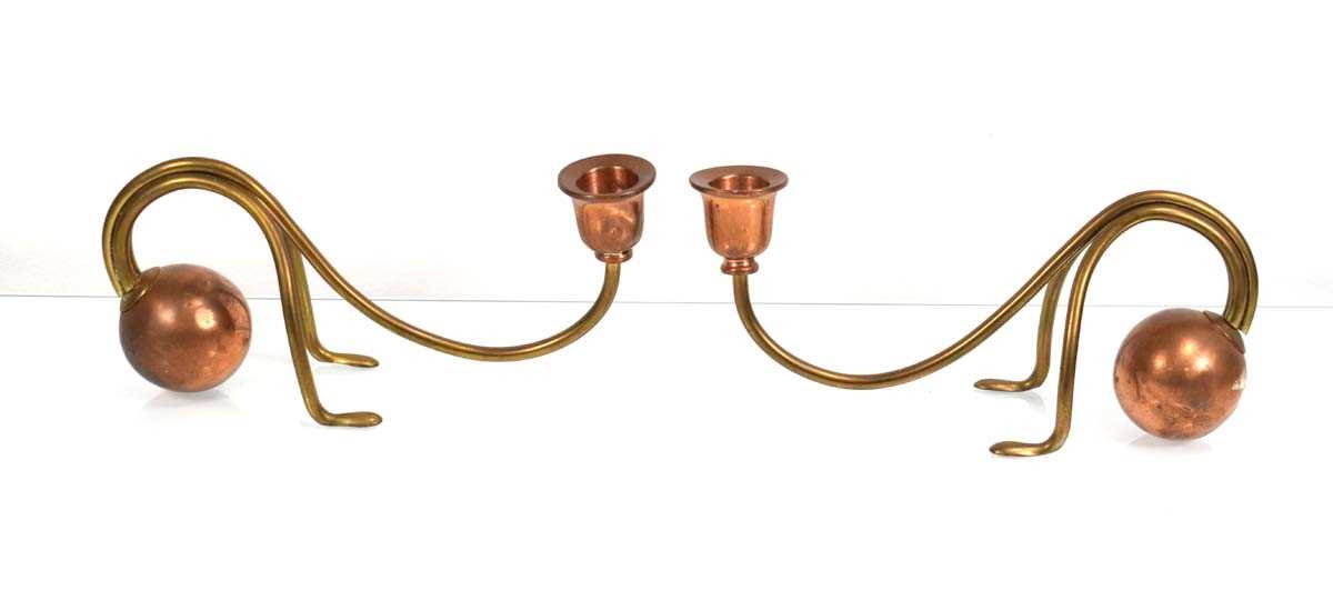 Carl Deffner (German, b. 1856), a pair of Arts & Crafts (or Jugendstil) brass and copper