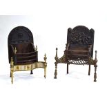 Two 19th century serpentine fireplaces, each incorporating a cast-iron fire-back and basket, h. 83