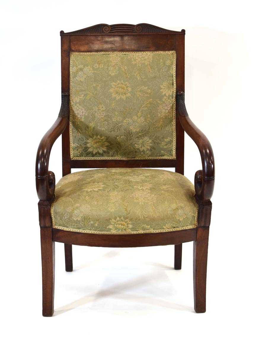 A 19th century Empire-style armchair, the mahogany frame with green floral seat and back, scrolled - Image 2 of 4