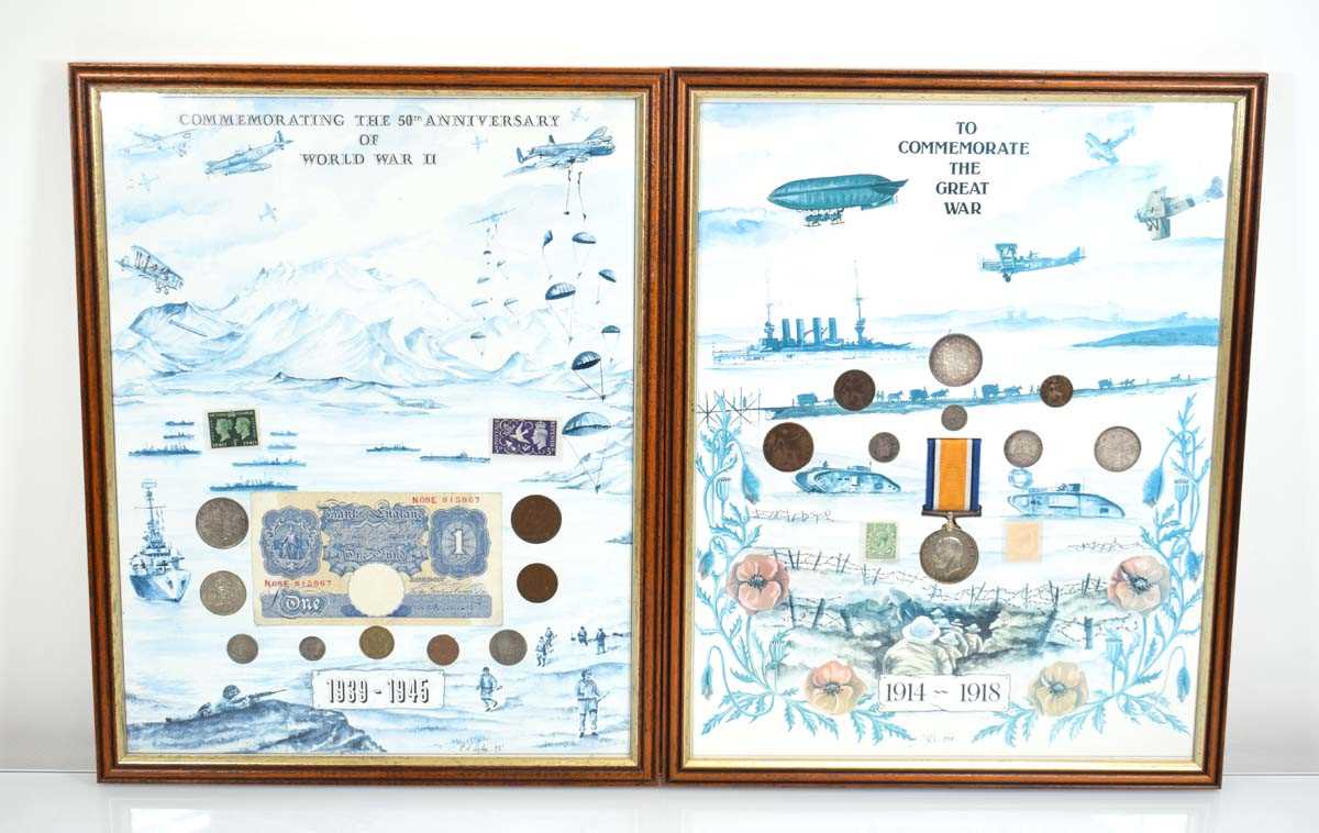 Two framed presentation sets commemorating the First & Second World Wars including a single medal,