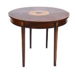 A George III mahogany, satinwood crossbanded and 'sunburst' marquetry folding tea table, the plain