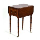 A Victorian mahogany hobby table, the surface with a drop-leaf over two drawers, on turned legs with