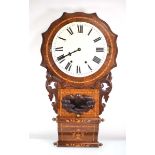 A late 19th century walnut and satinwood marquetry drop-dial wall clock, the circular enamelled dial
