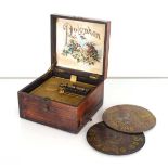 A late 19th century German Polyphon music box in a simulated rosewood case, together with two