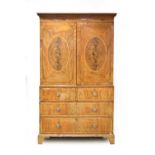 A 19th century walnut and satinwood crossbanded linen press, the pair of doors enclosing the linen