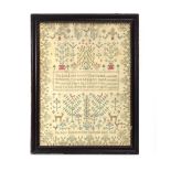 An 1802 pictorial sampler by Barbery Butcher including a verse from a hymn, 37 x 28 cmCommensurate