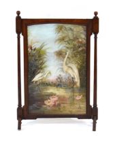 An oak firescreen containing a reverse and forward painting on glass in the Aesthetic Movement